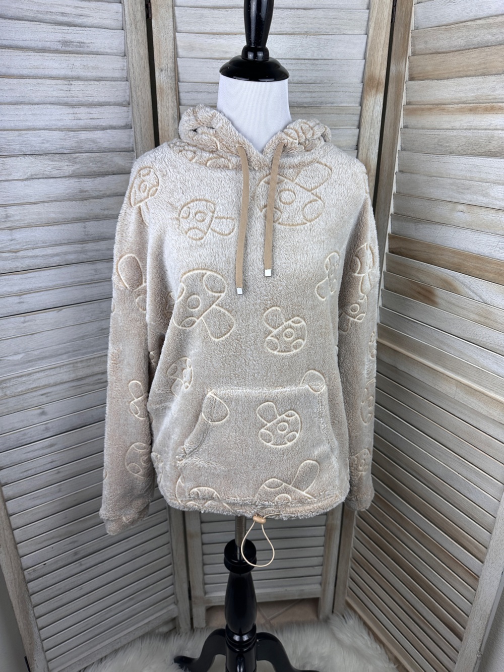 Plush Tan Mushroom Embossed Print Cozy Hoodie Size Medium